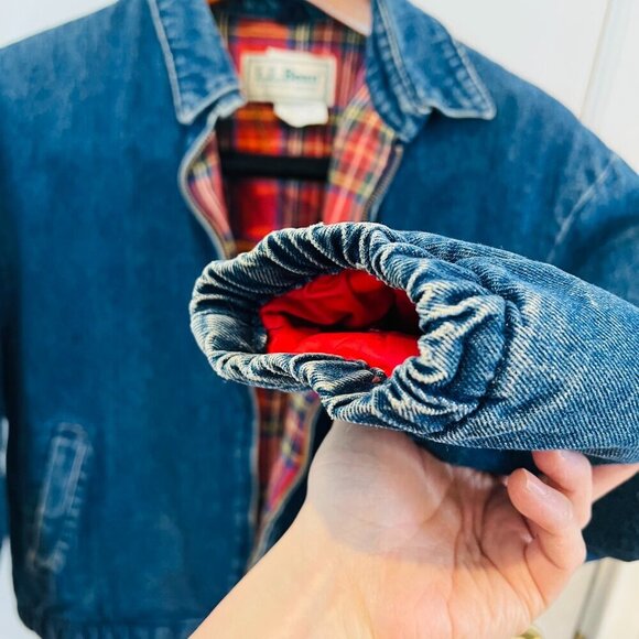 LL BEAN Insulated Flannel Lined Barn Chore Denim Harrington Jacket Coat VTG 80s - Picture 11 of 16